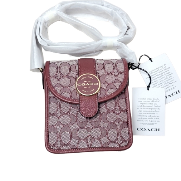 Coach Signature Jacquard North/South Lonnie Gold/Wine Crossbody - Picture 6 of 9